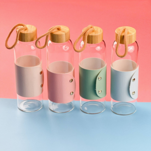 Cover Glass Water Bottle with Bamboo Lid - 785-4
